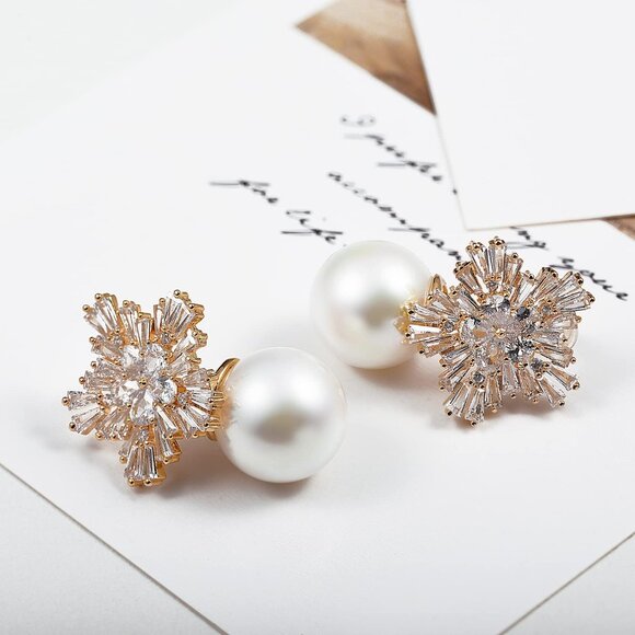 Women's Snowflake Earrings Pearl Studs Gold Alloy Wedding Party Jewelry - Picture 4 of 7